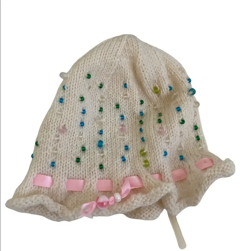 Vintage Handmade Baby Small Hat With Ribbon and Bead Accents